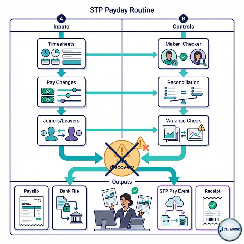 A professional Australia payroll processing timeline showing STP reporting milestones, payday checklists, and validation steps for businesses nationwide.