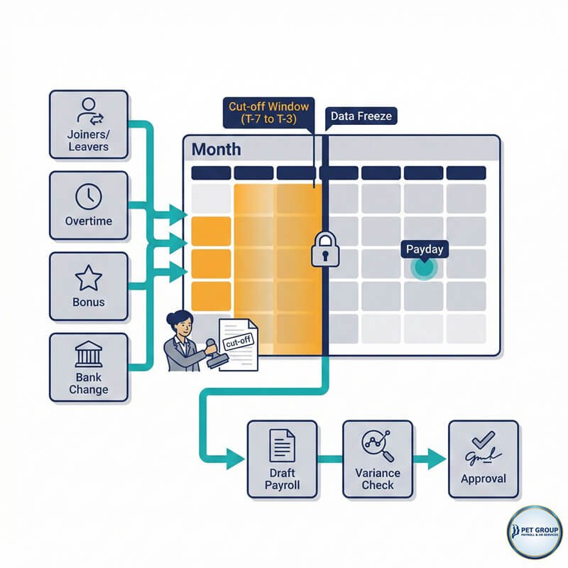 英国全土の企業向け、RTI報告マイルストーン、給与支払日チェックリスト、検証ステップを示すプロフェッショナルな給与処理タイムラインの図