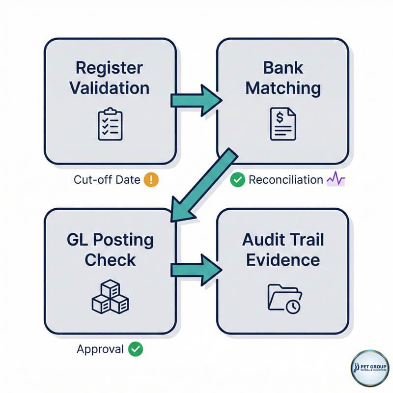 A professional payroll reconciliation workflow showing register validation, bank matching, GL journal posting, and audit trail evidence