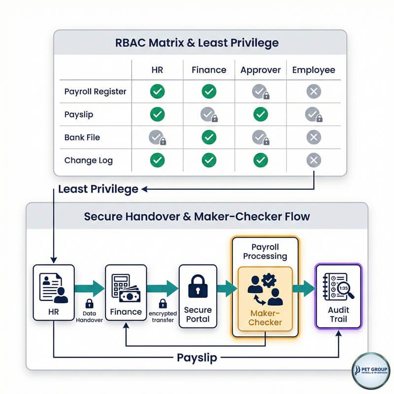 Panduan keamanan payroll pemberi kerja Malaysia Singapore mencakup RBAC dan serah terima file aman